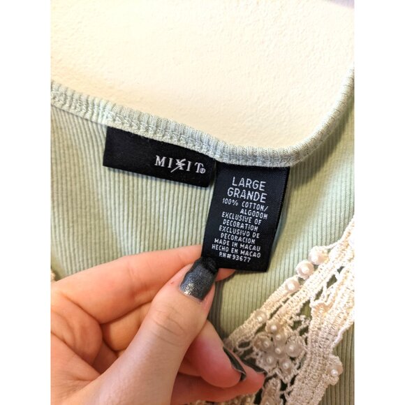 Womens Pastel Green Tank Top Fairy Coquette Beaded Lace Detail Summer Sz L - Picture 7 of 8